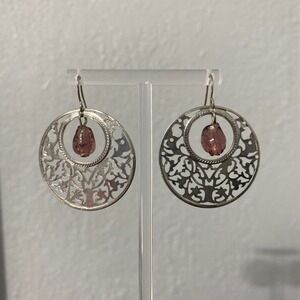 VINTAGE FILIGREE ROPE HOOPS PINK PURPLE DROP DANGLY SILVER TONE EARRINGS FAIRY